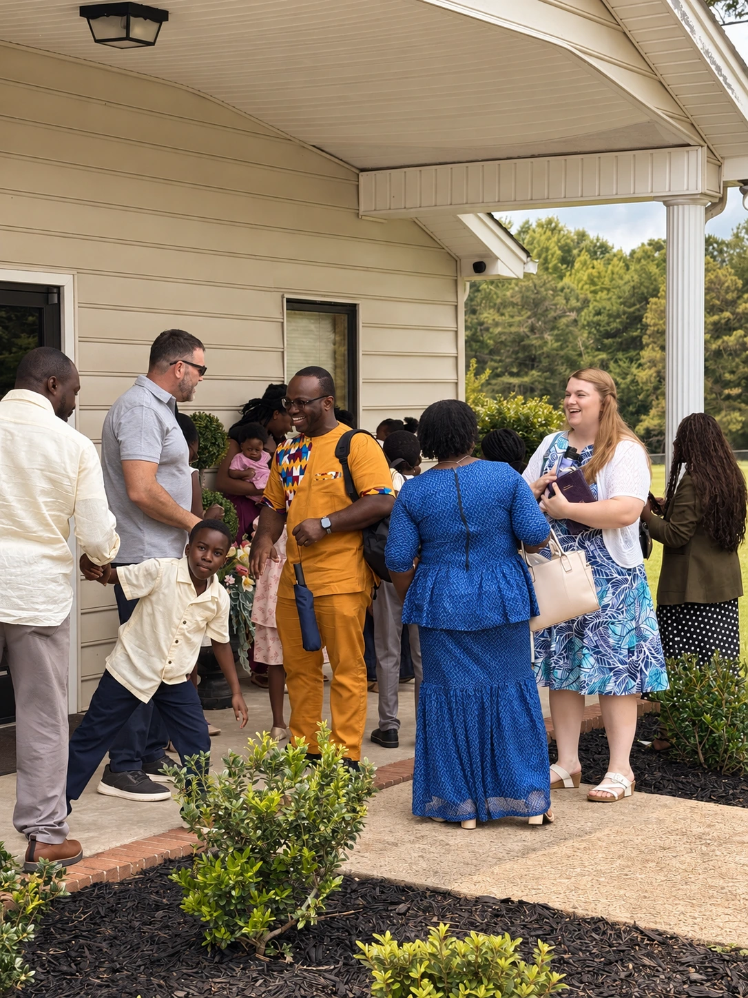 Church families greeting one another on the porch at Clover Community Church